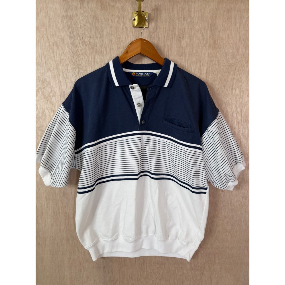 Puritan Special Edition Mens Large Blue Striped Colorblock Polo Shirt Banded Hem